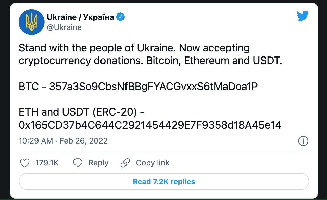Ukraine's BTC wallet tweet