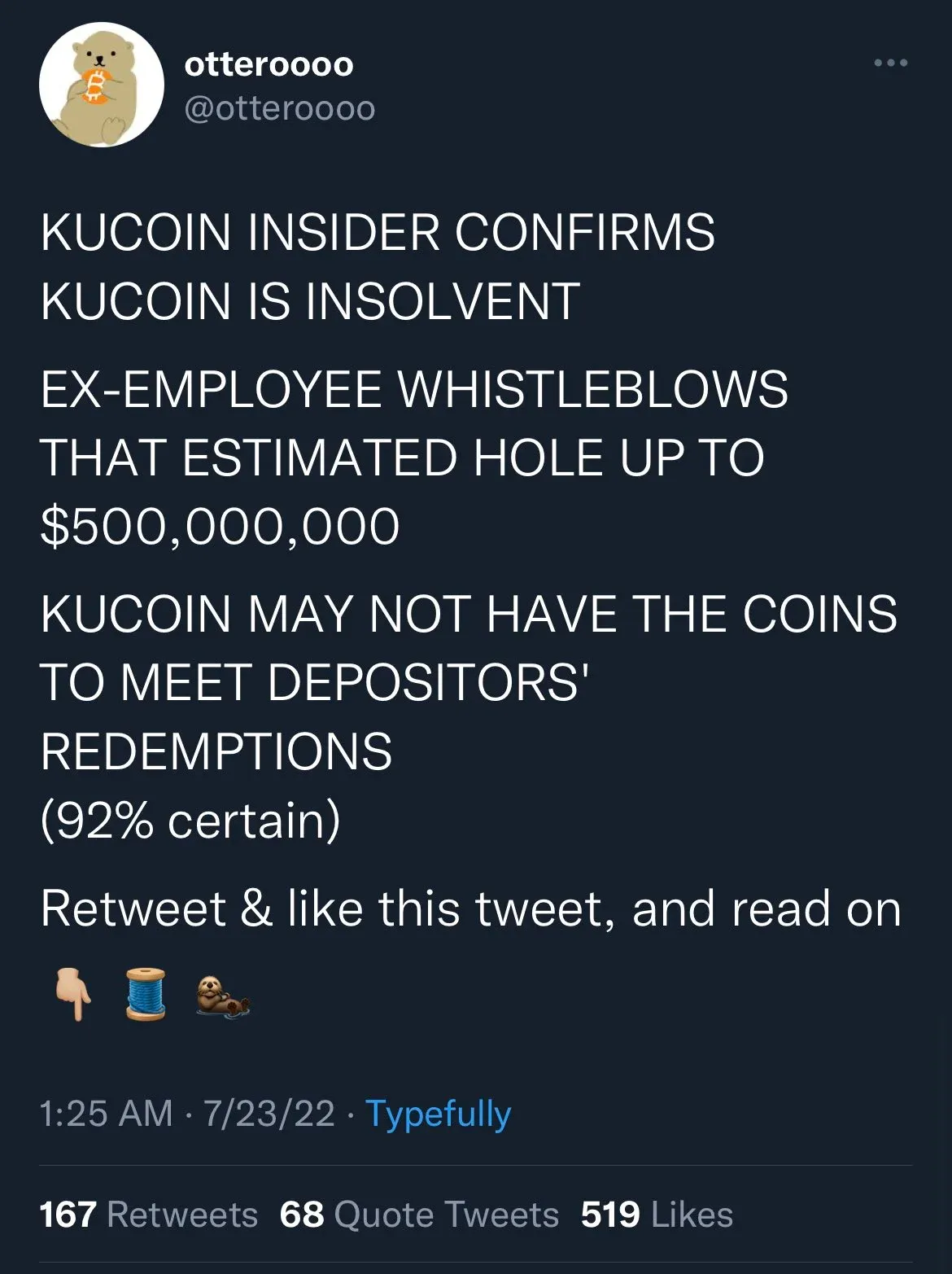@otterooo's deleted tweet accusing KuCoin of being insolvent