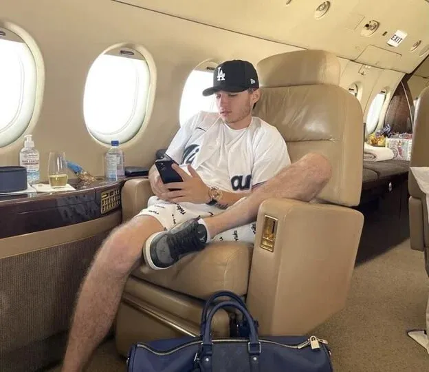 Self-distributed photo of Aiden Pleterski on a private jet