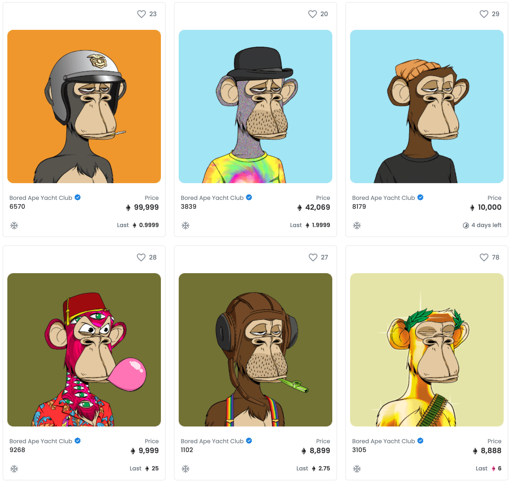 Bored Ape NFTs for sale on OpenSe