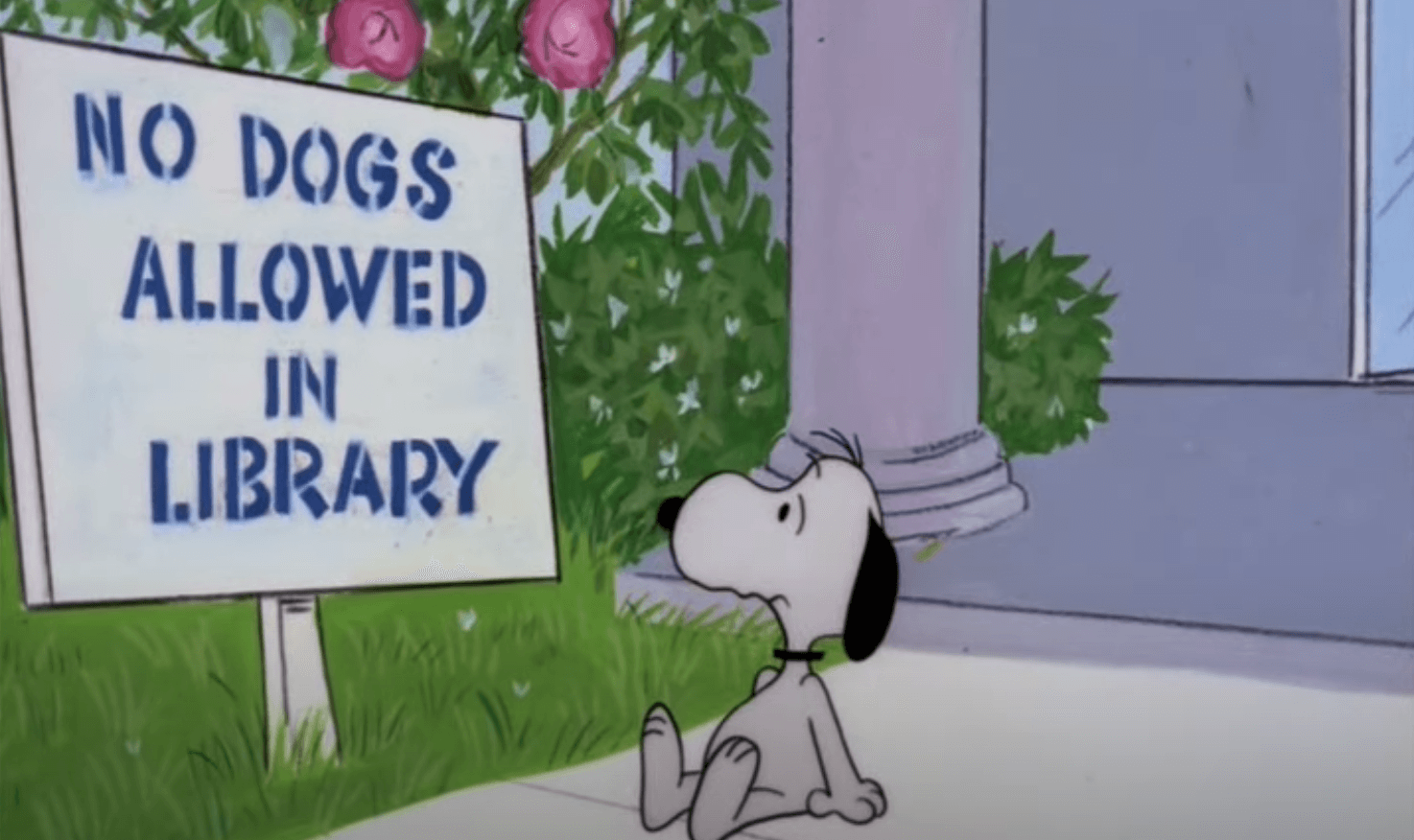 Snoopy looks at No Dogs Allowed in Library sign